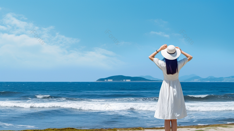 蓝色的大海镰仓海边一个带着太阳帽身穿连衣裙的女孩背影,高清,摄影图,摄影图片,图片大全,摄影图免费下载